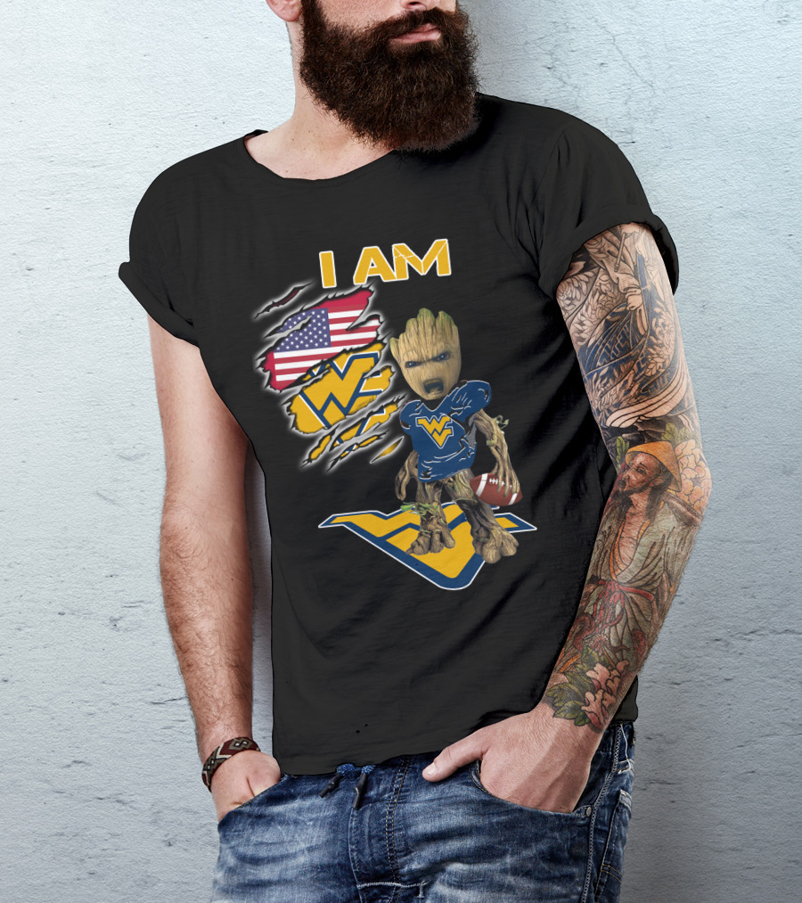 I AM West Virginia Mountaineers Baby Groot Football Fan USA Flag T-Shirt