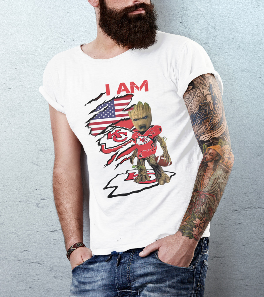 I Am Chiefs Baby Groot American Flag Football KC T-Shirt