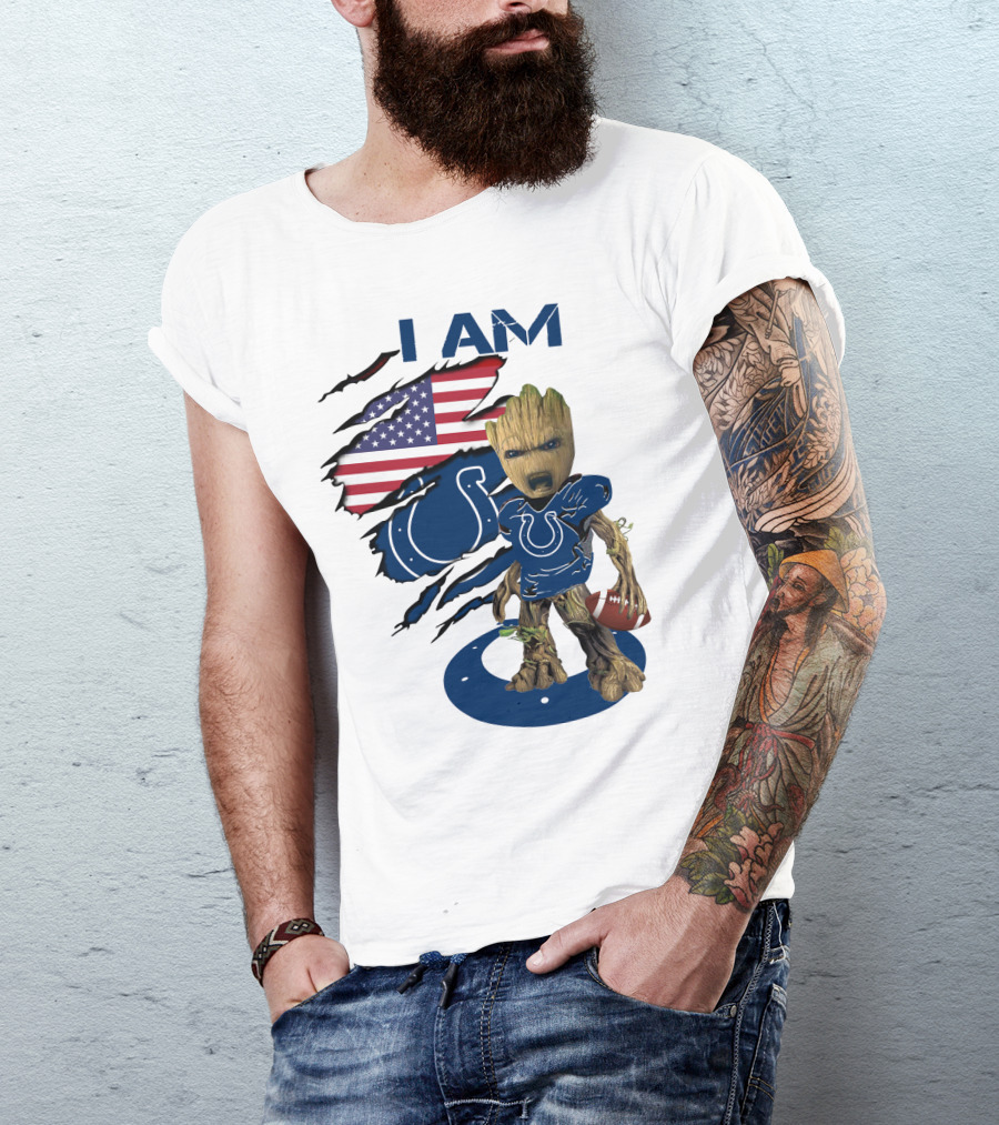 I Am Colts Baby Groot American Flag Football T-Shirt