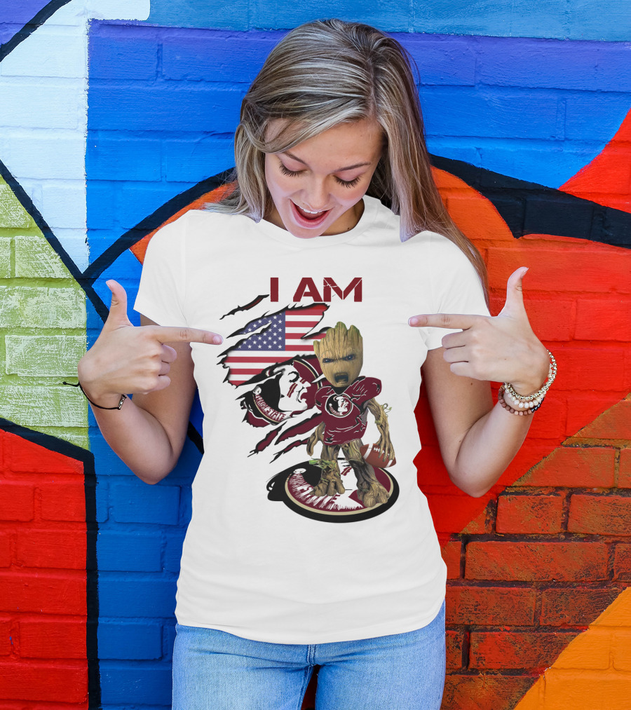I Am Florida State University Baby Groot With American Flag And Football T-Shirt