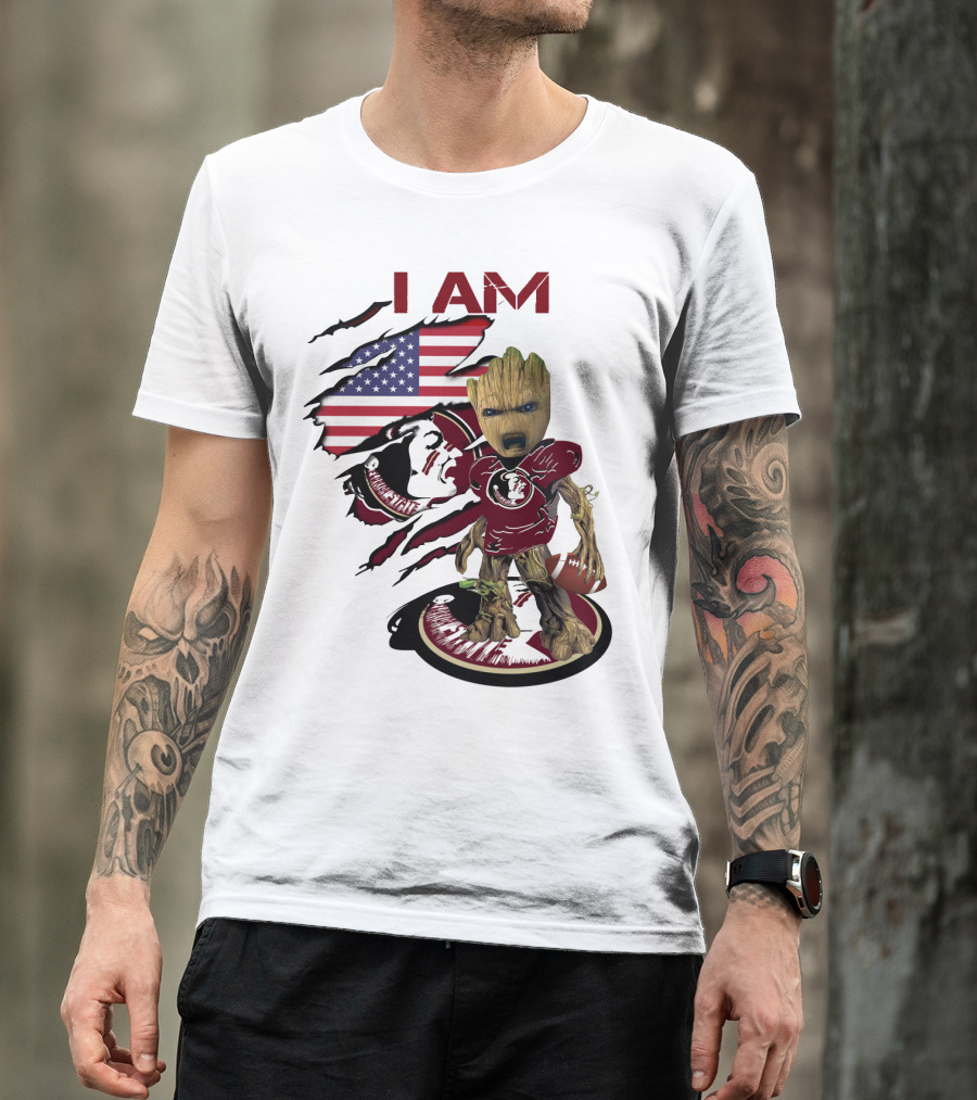 I Am Florida State University Baby Groot With American Flag And Football T-Shirt