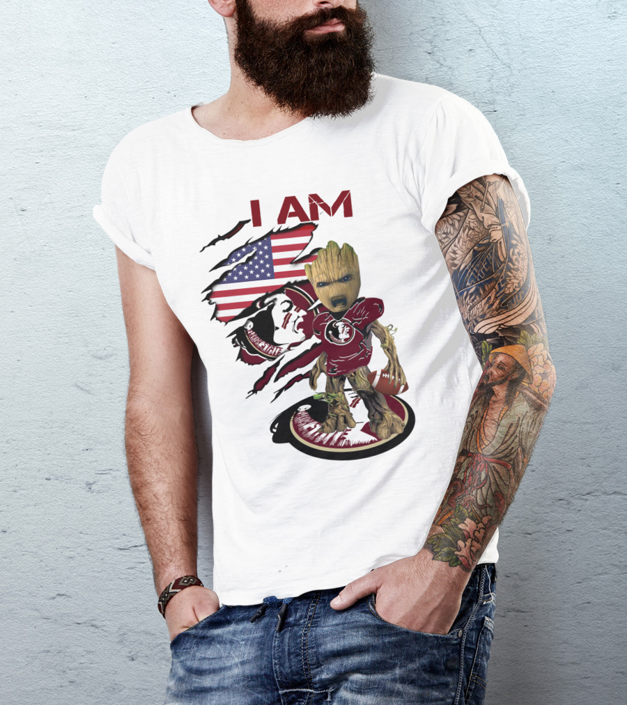 I Am Florida State University Baby Groot With American Flag And Football T-Shirt