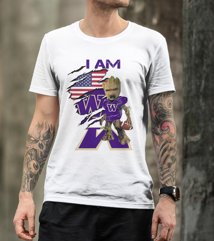 I AM Hukies W Baby Groot Football American Flag T-Shirt