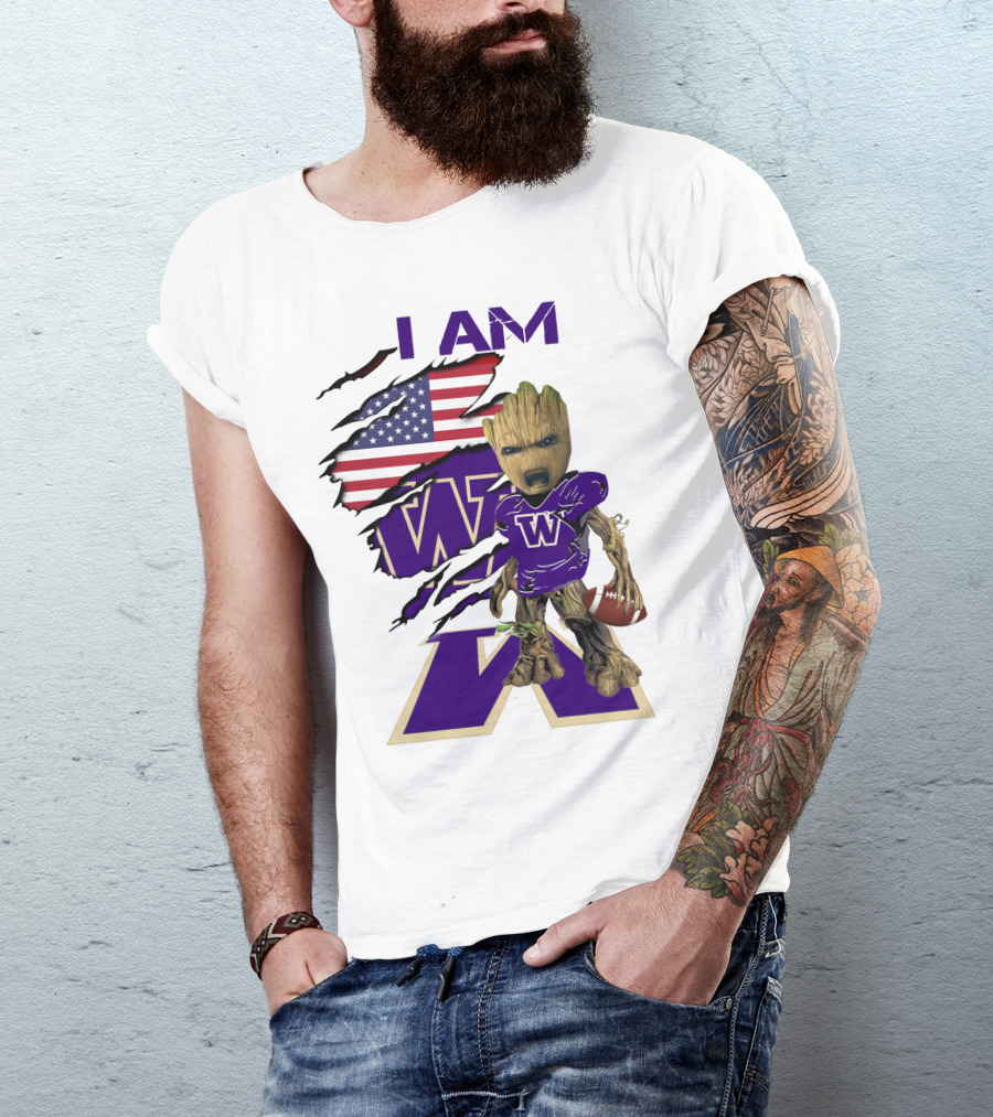 I AM Hukies W Baby Groot Football American Flag T-Shirt