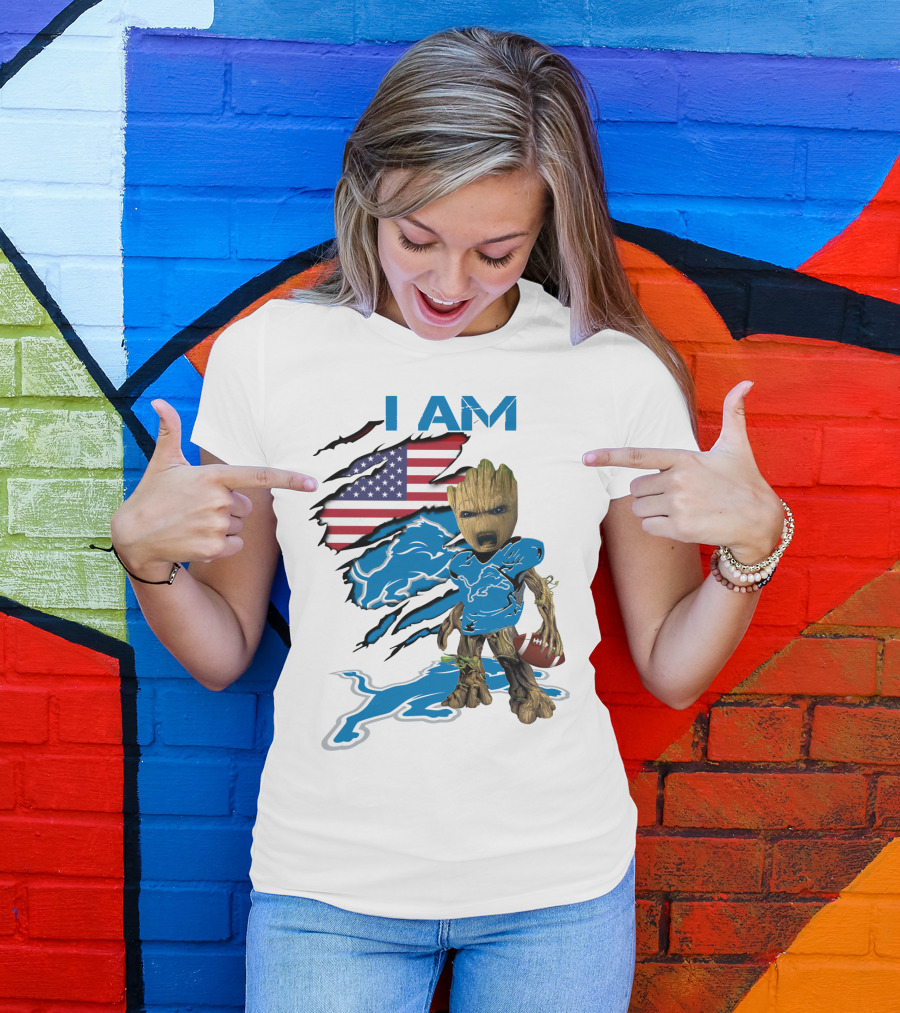 I AM Lions Baby Groot Football American Flag T-Shirt