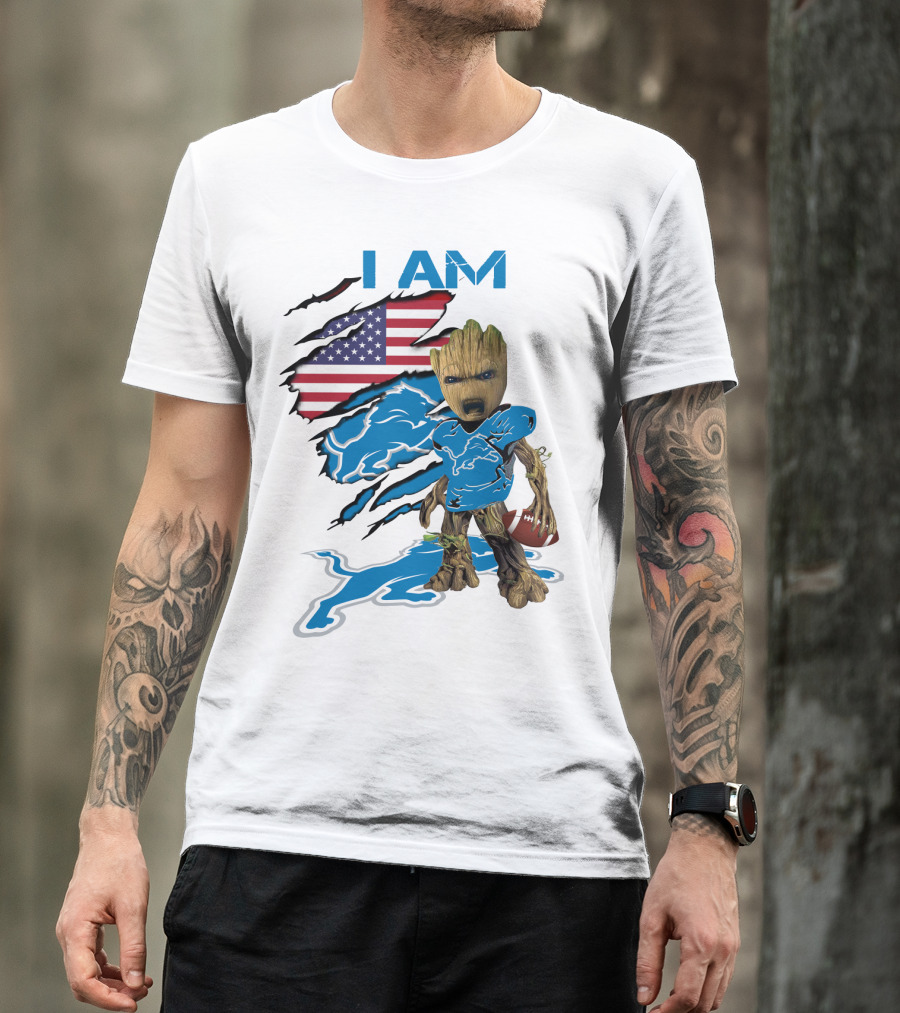 I AM Lions Baby Groot Football American Flag T-Shirt