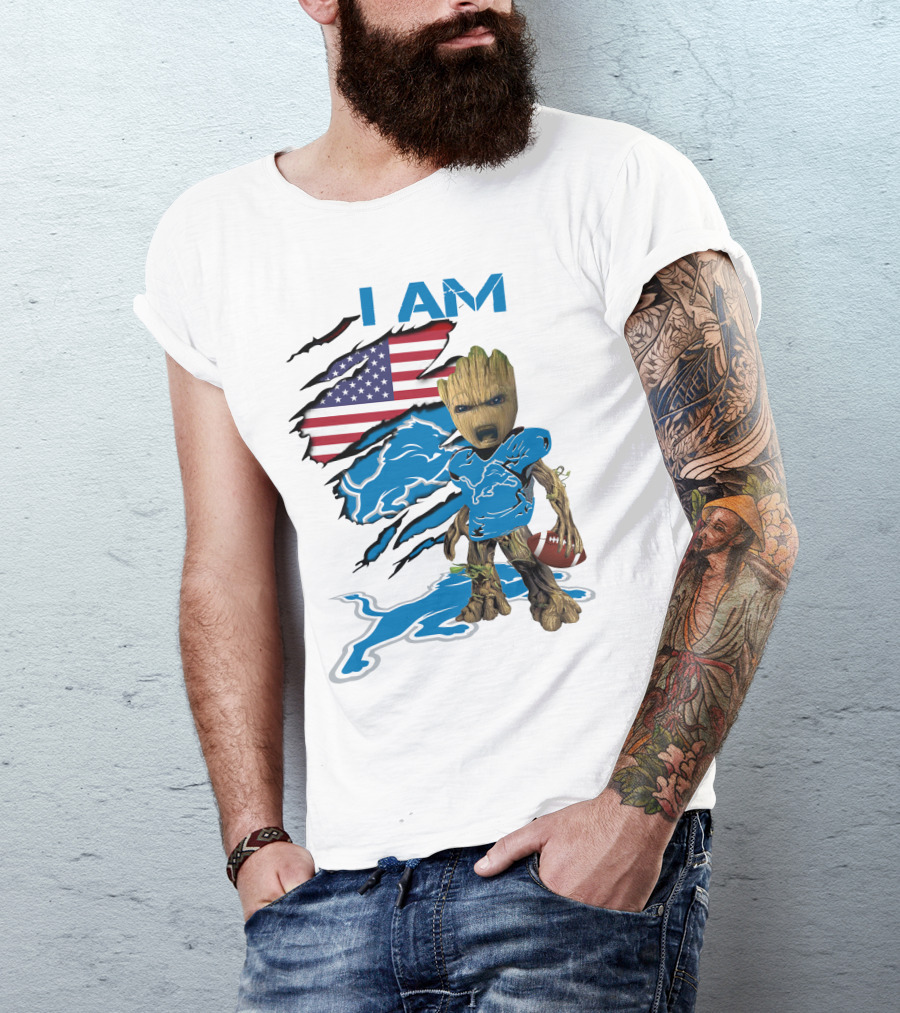 I AM Lions Baby Groot Football American Flag T-Shirt