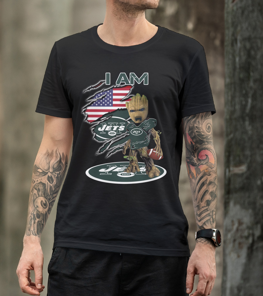 I Am Jets Baby Groot American Flag Football T-Shirt