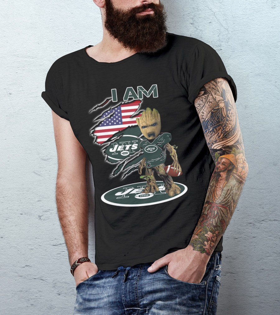 I Am Jets Baby Groot American Flag Football T-Shirt