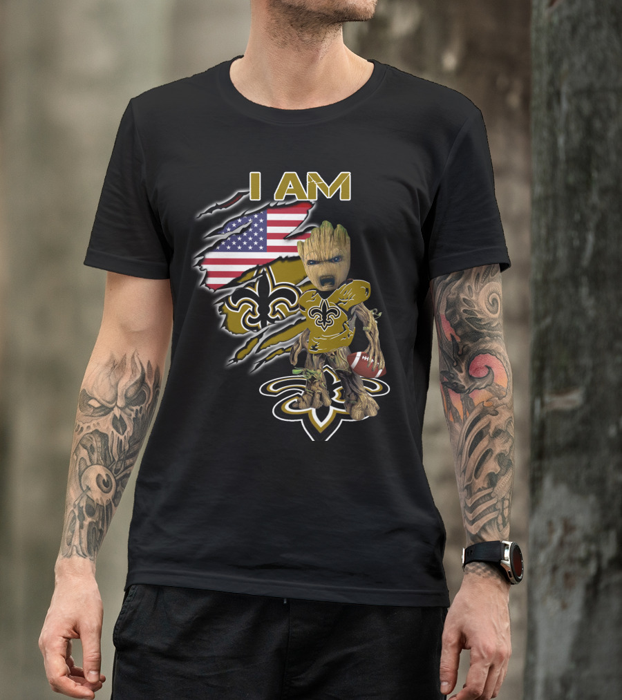I Am Saints Baby Groot American Flag Football Fleur De Lis T-Shirt