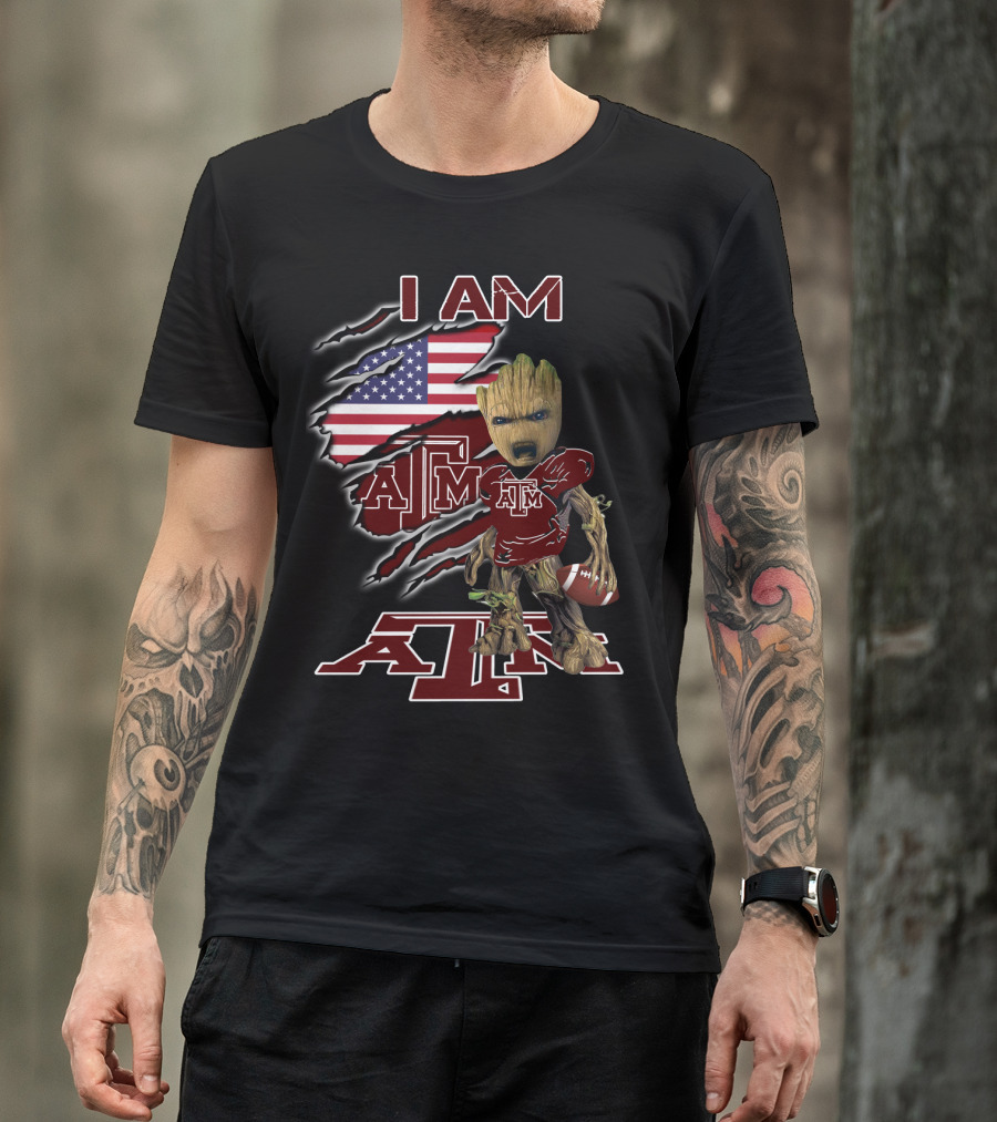 I AM ATM Baby Groot American Flag Football T-Shirt