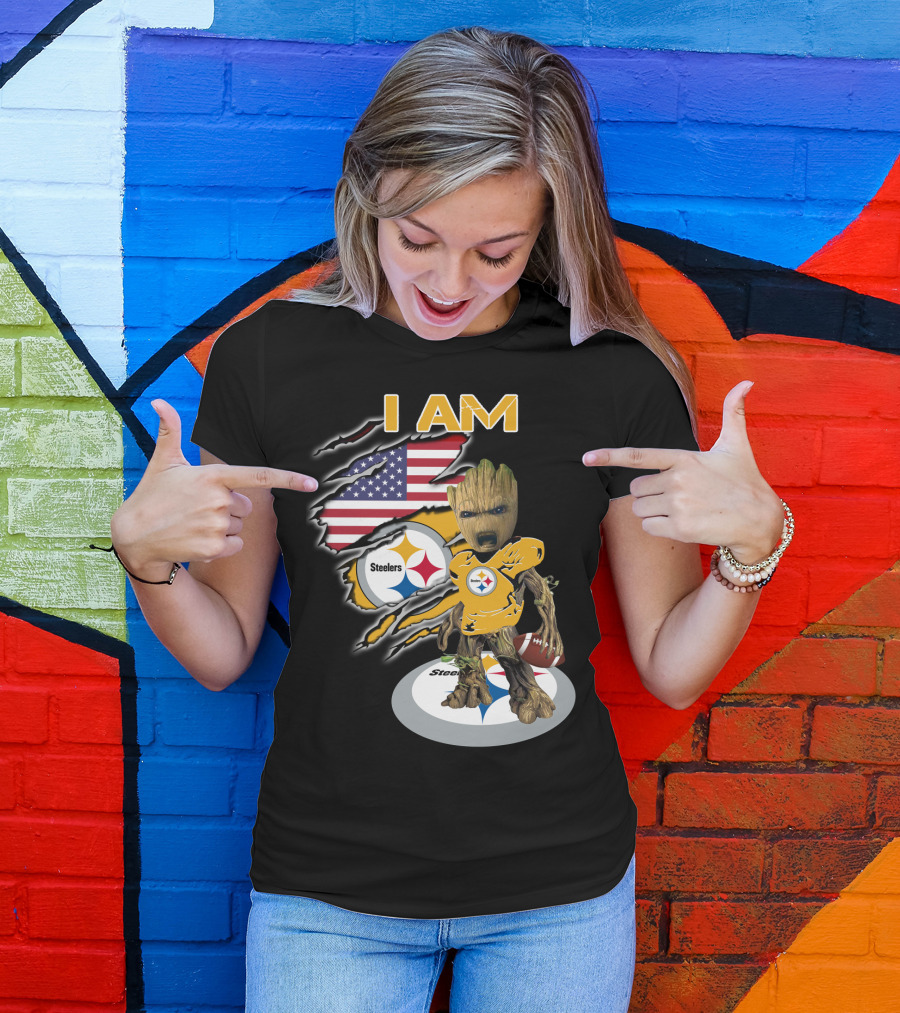 I Am Steelers Baby Groot American Flag Football Nfl Character T-Shirt