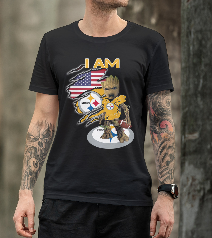 I Am Steelers Baby Groot American Flag Football Nfl Character T-Shirt