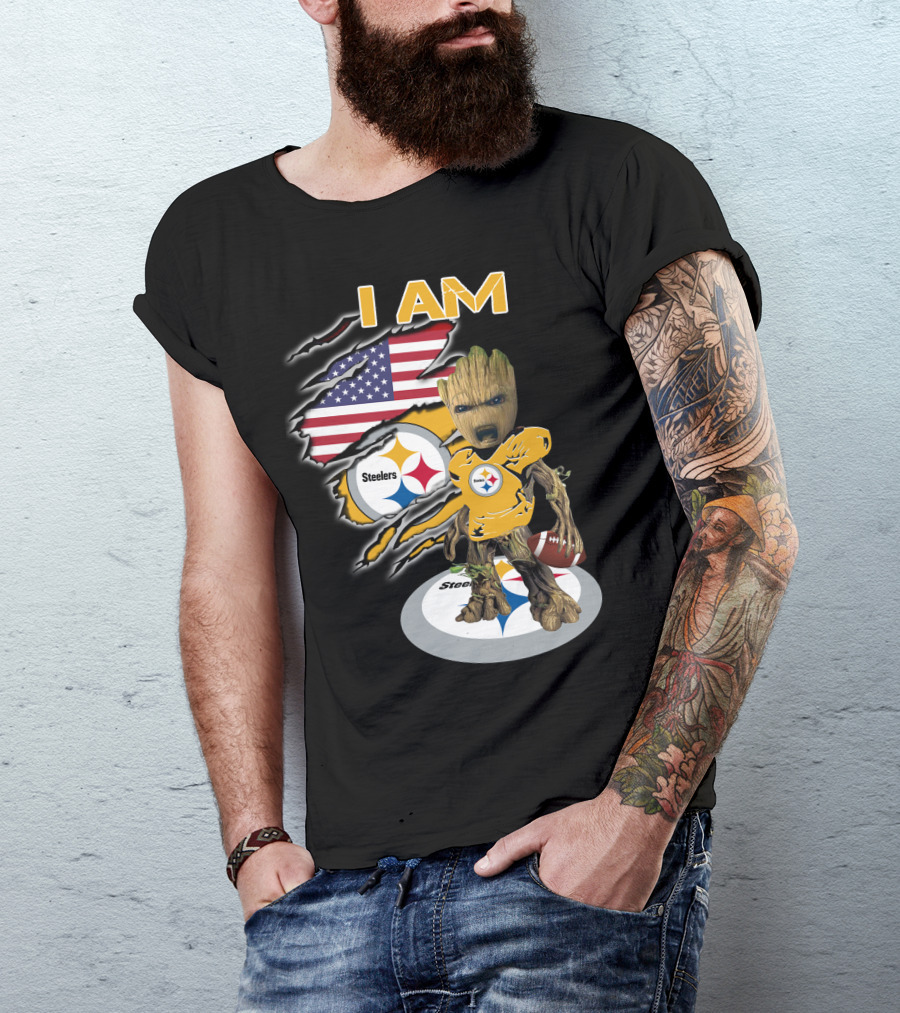 I Am Steelers Baby Groot American Flag Football Nfl Character T-Shirt