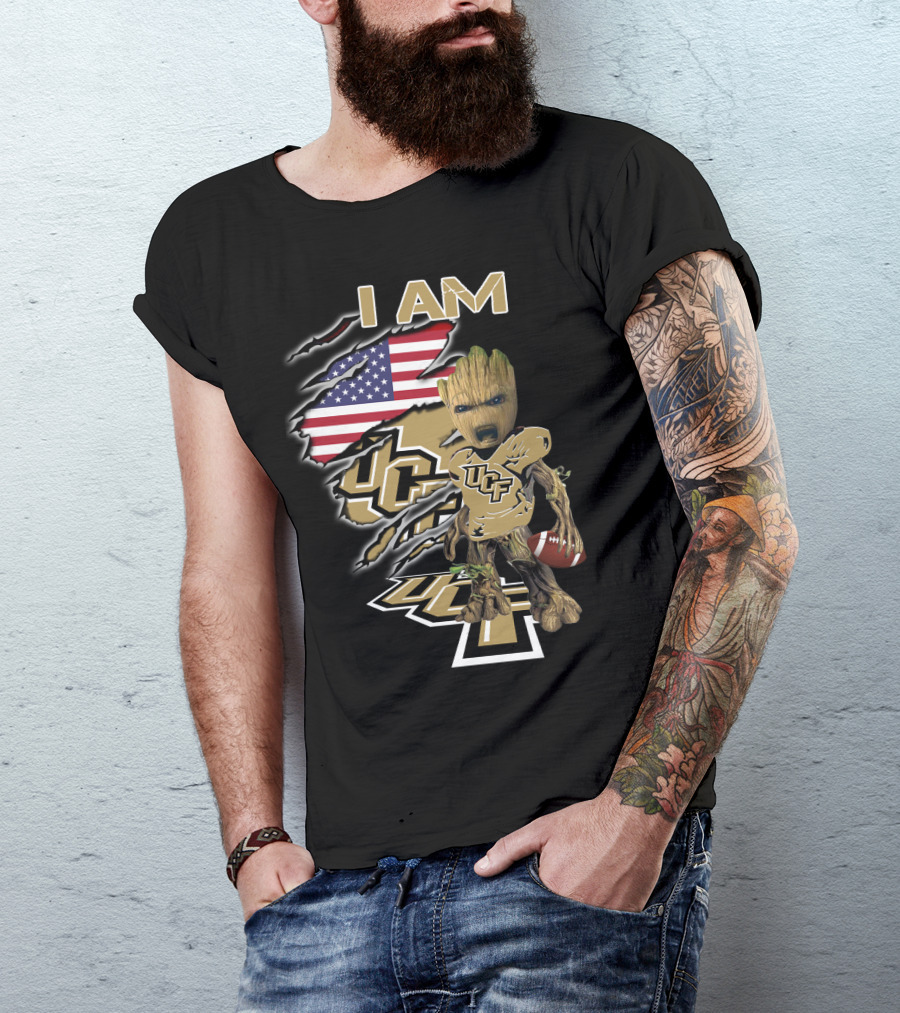 I AM UCF Baby Groot Football American Flag T-Shirt