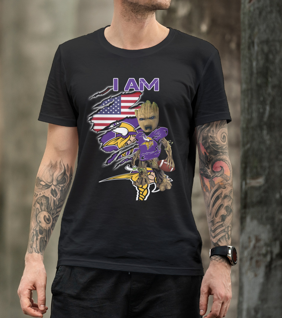 I AM Vikings Baby Groot American Flag Football T-Shirt