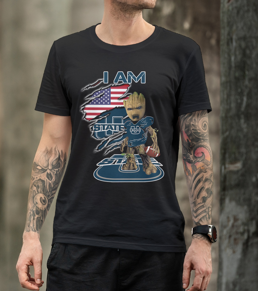 I AM Utah State Baby Groot Football American Flag T-Shirt