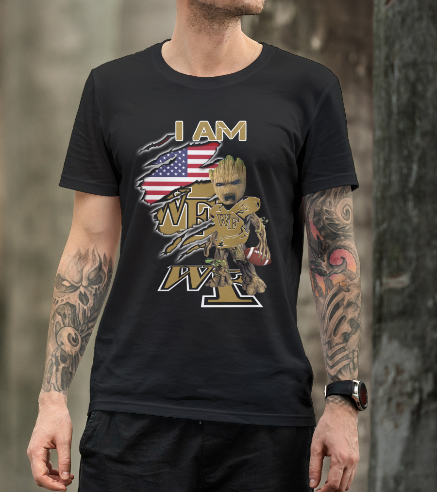 I Am Wf Wake Forest Baby Groot American Flag Football T-Shirt