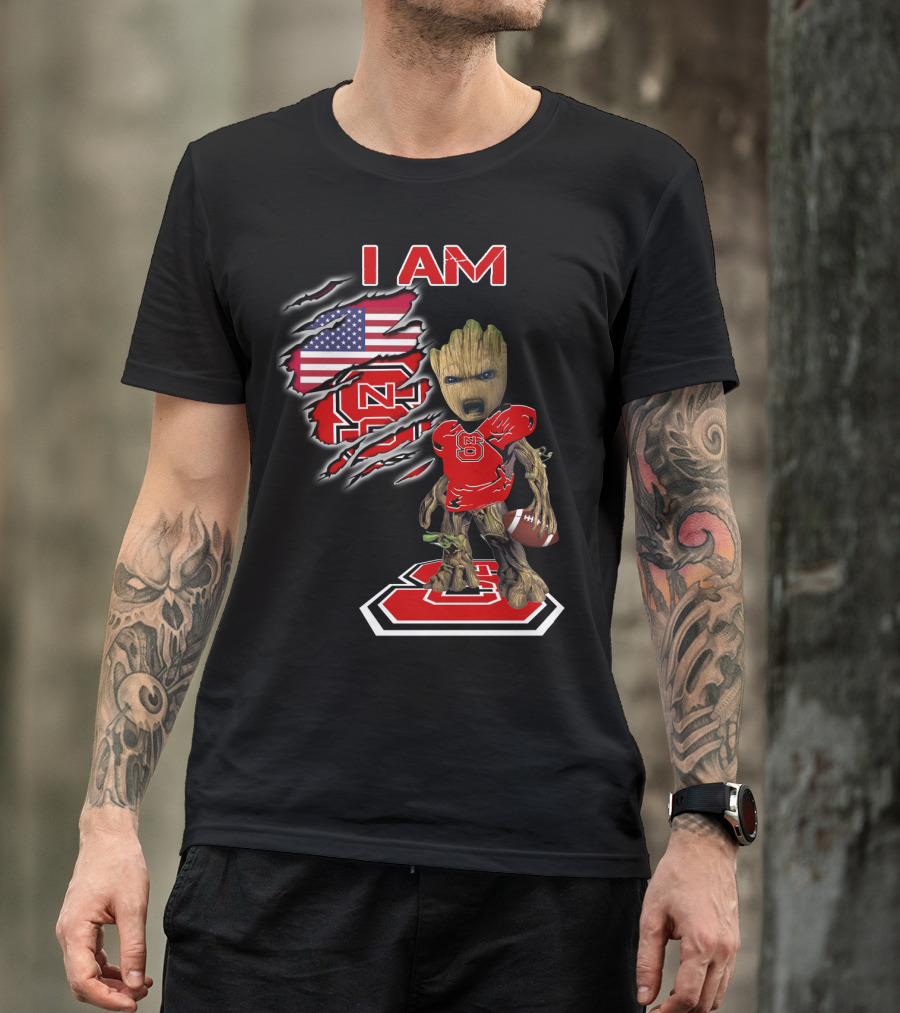 I Am Nc State Baby Groot Football American Flag Usa T-Shirt