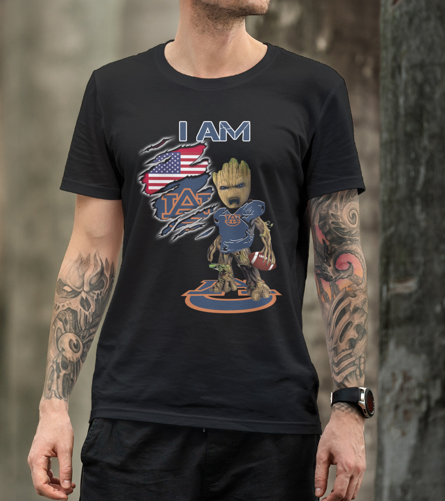 I Am Auburn Baby Groot Football USA Flag T-Shirt