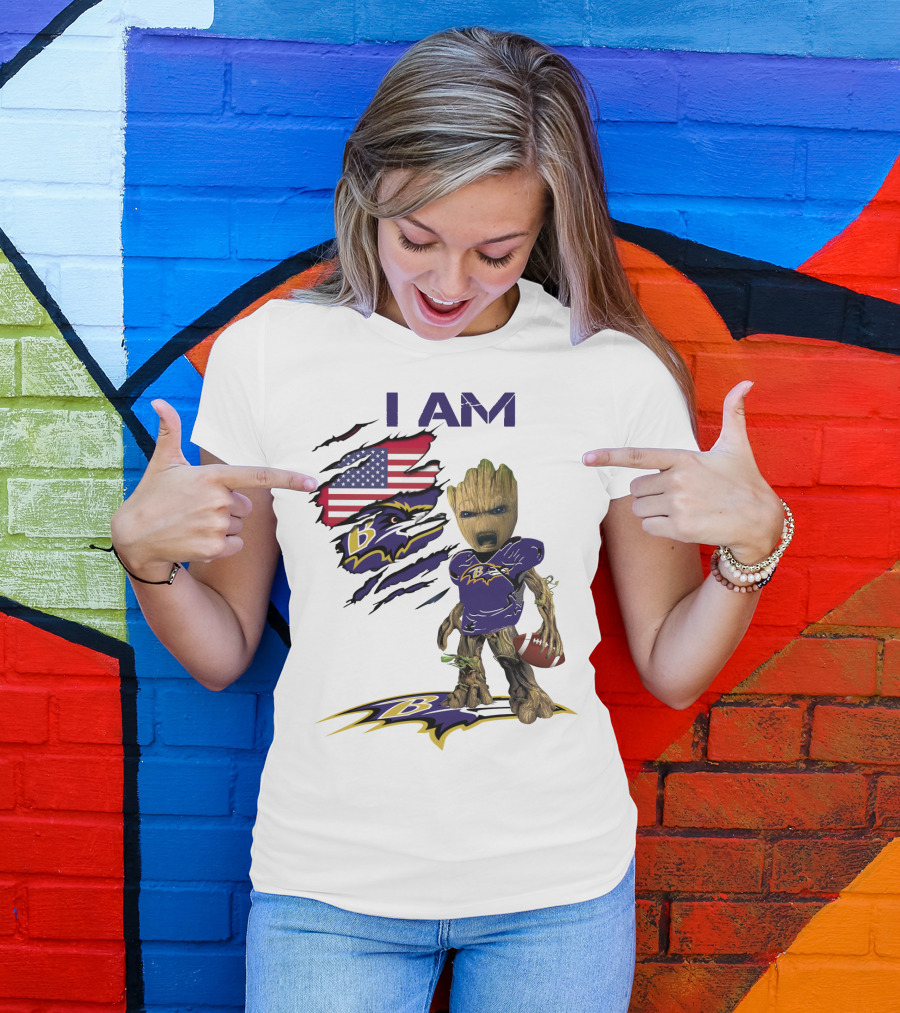 I Am Baby Groot Baltimore Ravens American Flag Football T-Shirt