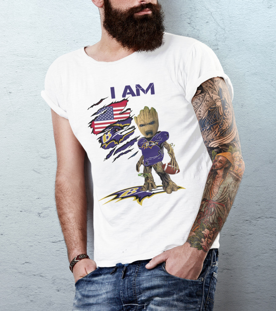 I Am Baby Groot Baltimore Ravens American Flag Football T-Shirt