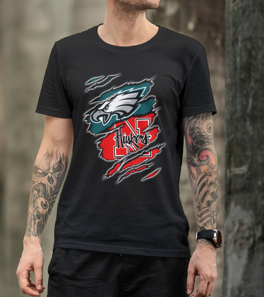 Philadelphia Eagles Nebraska Huskers Football Fan Logo Torn T-Shirt