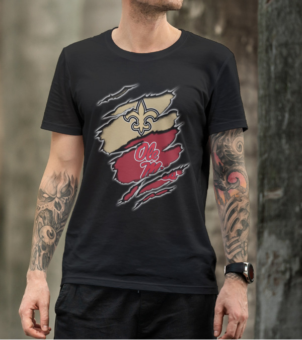 Saints Fleur-de-Lis And Ole Miss Logo Claw Mark T-Shirt