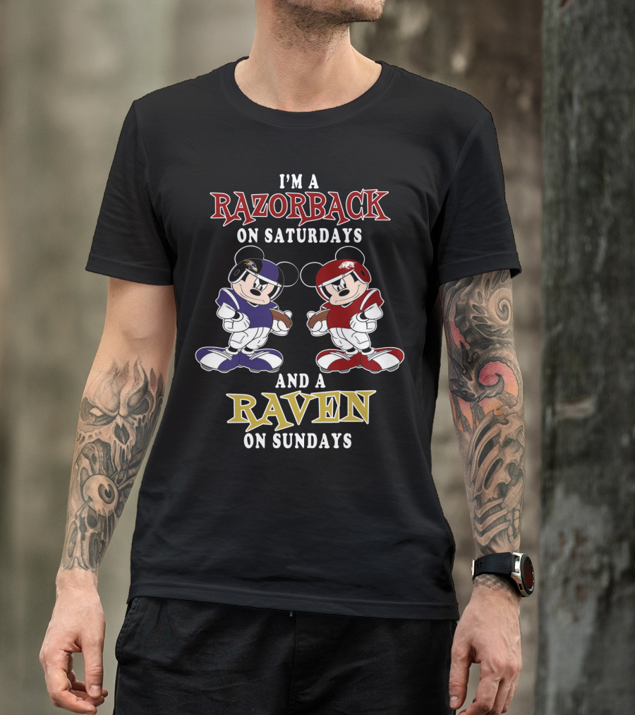 Razorback Saturdays Raven Sundays Mickey Football Characters T-Shirt