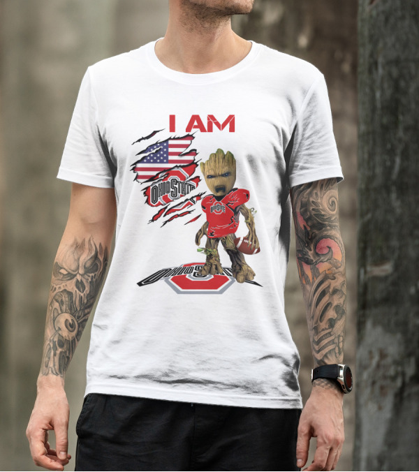 I Am Ohio State Baby Groot Football American Flag T-Shirt
