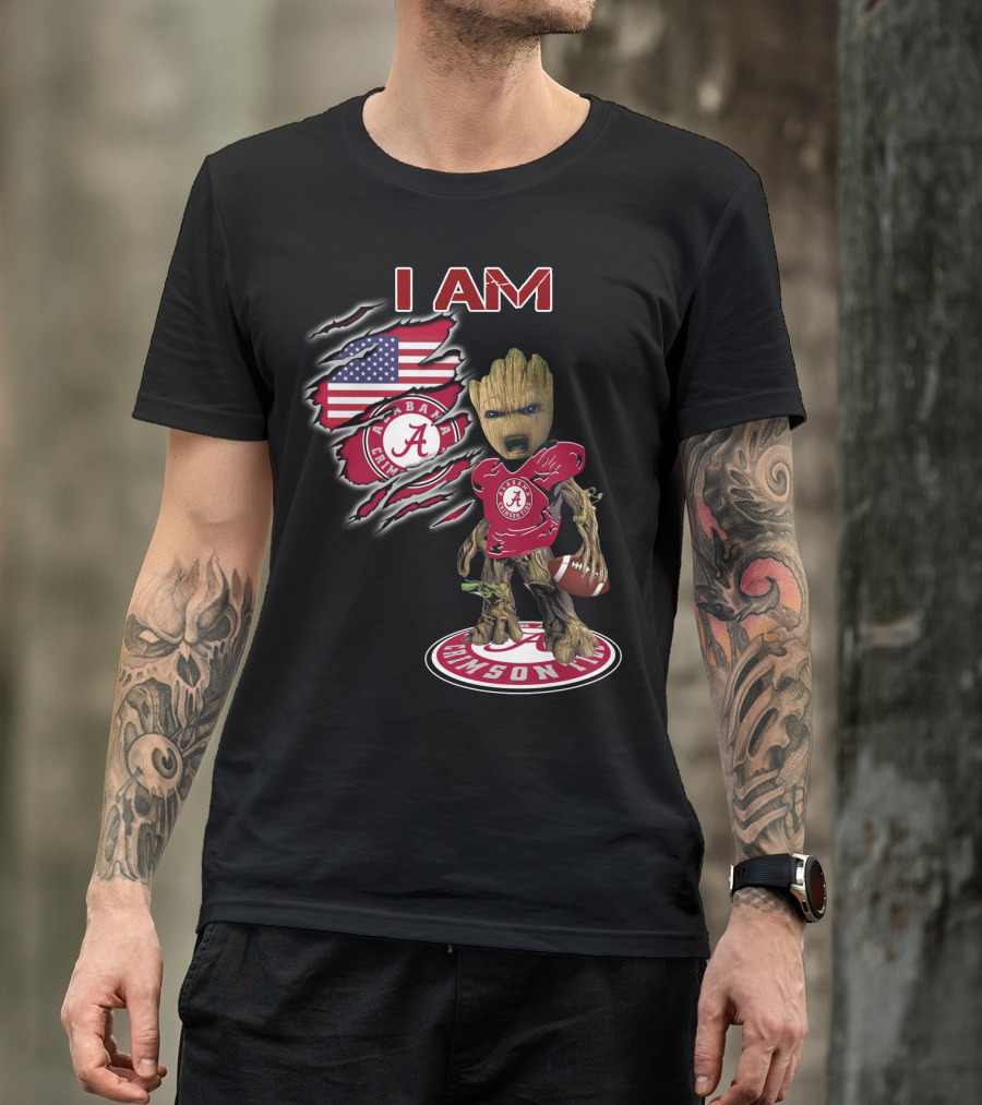 I Am Alabama Crimson Tide Football Fan Groot American Flag T-Shirt