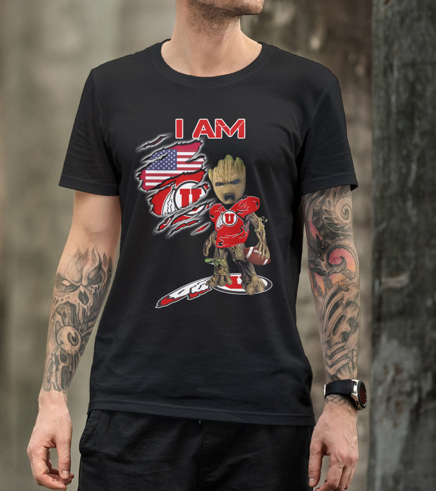 I Am U Utah Football Fan Groot American Flag T-Shirt