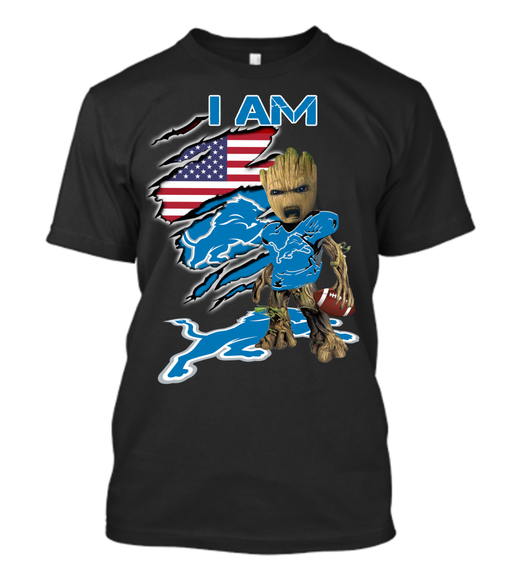 I Am Groot Detroit Lions Fan Football American Flag T-Shirt