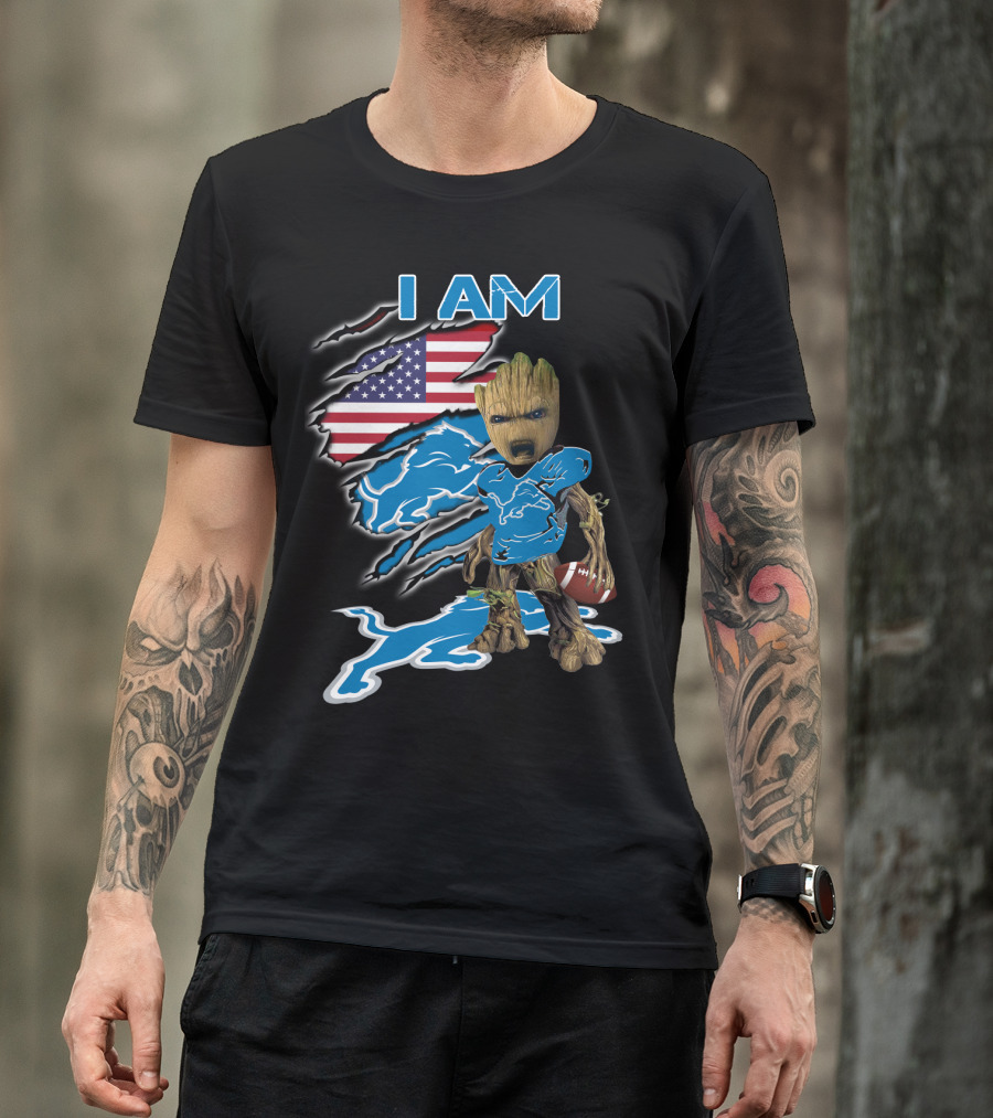 I Am Groot Detroit Lions Fan Football American Flag T-Shirt