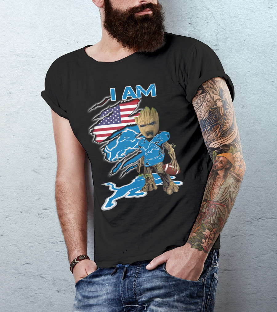 I Am Groot Detroit Lions Fan Football American Flag T-Shirt