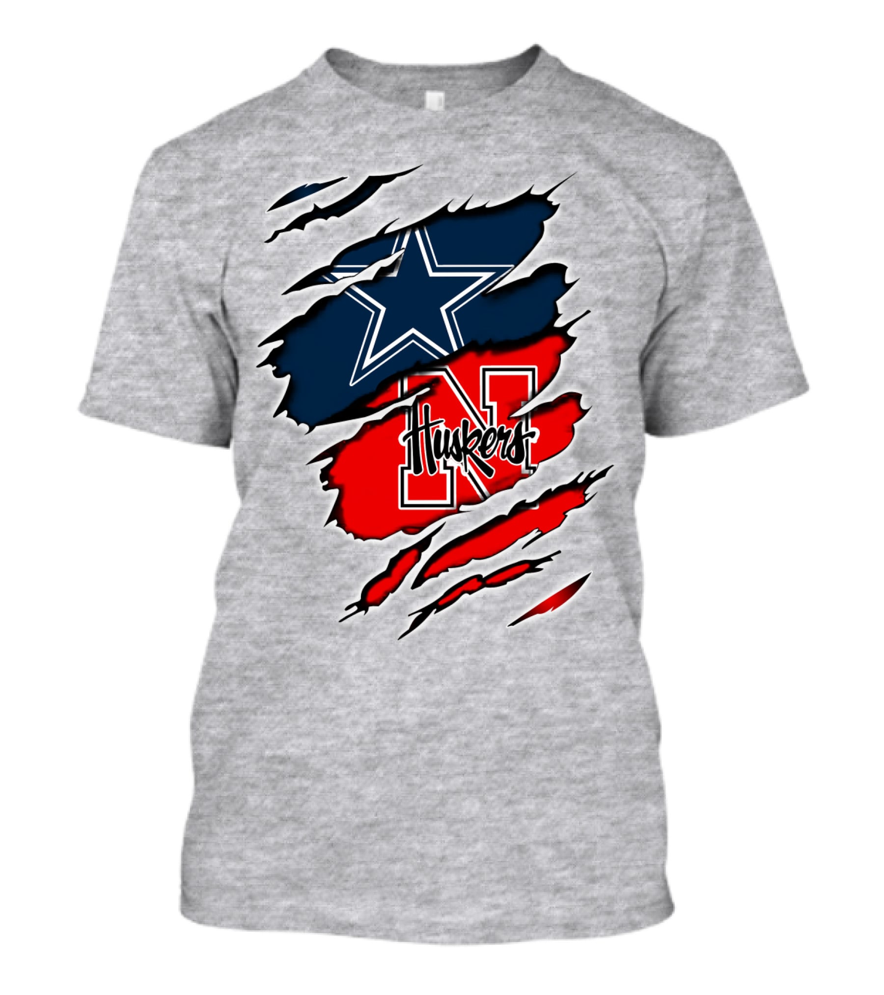 Cowboys Huskers Star Logo Red And Blue Tear T-Shirt