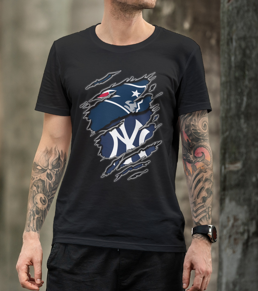 Patriots And Yankees Logo Combined With Ripped Style T-Shirt