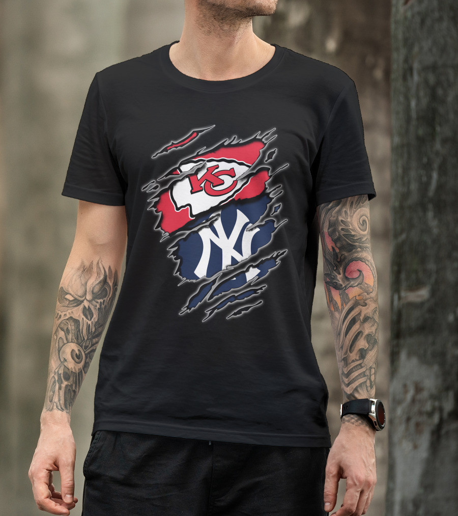 Kansas City Chiefs New York Yankees Torn Logo Mashup T-Shirt