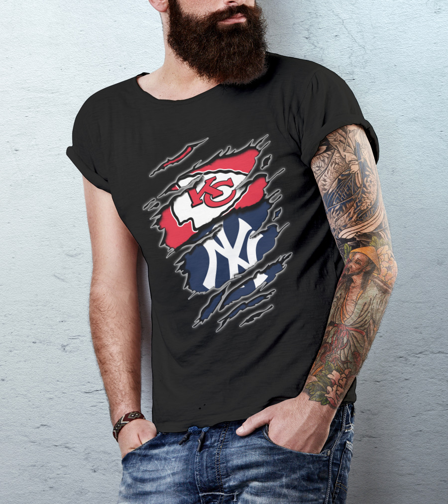 Kansas City Chiefs New York Yankees Torn Logo Mashup T-Shirt