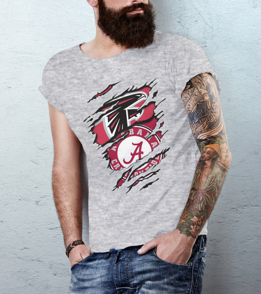 Alabama Crimson Tide And Atlanta Falcons Ripped Logo Combo T-Shirt