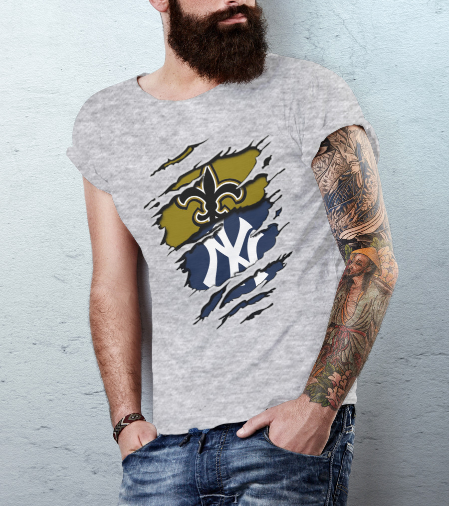 Saints Yankees Fleur-de-Lis And Interlocking NY Symbol Torn T-Shirt