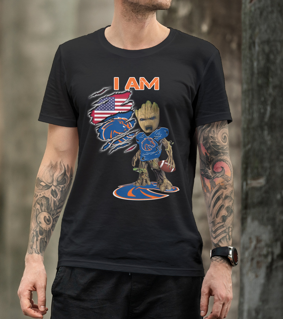 I Am Boise State Broncos Baby Groot Football American Flag T-Shirt