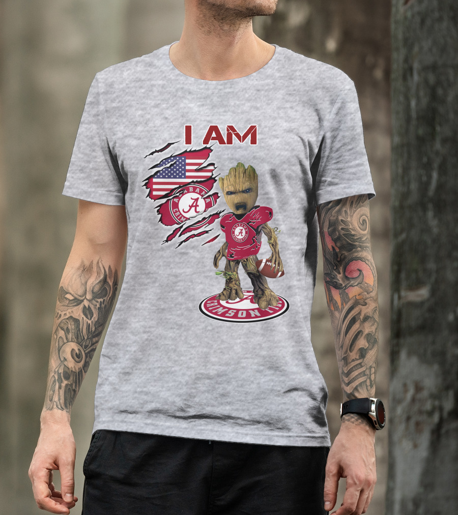 I Am Alabama Crimson Tide Baby Groot Football T-Shirt