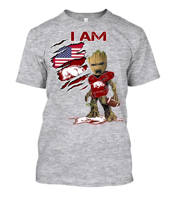 I Am Arkansas Baby Groot Razorbacks Football USA Flag T-Shirt