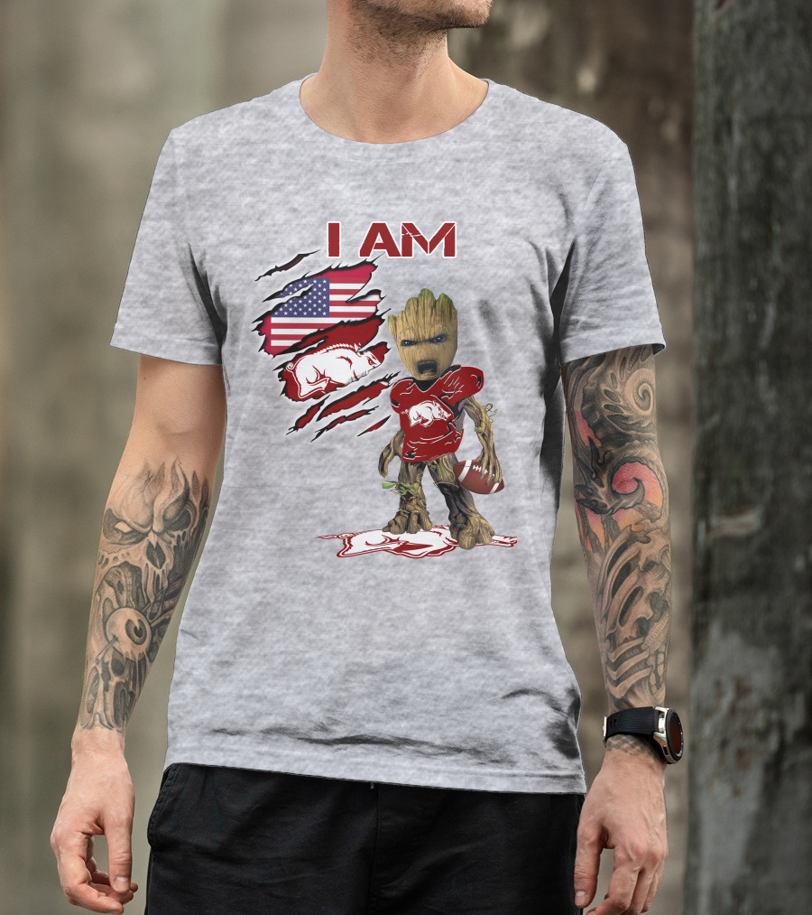 I Am Arkansas Baby Groot Razorbacks Football USA Flag T-Shirt