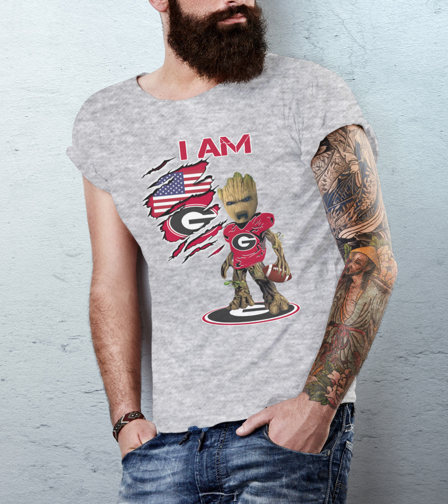 I AM Bulldogs Baby Groot Football Fan USA Flag T-Shirt