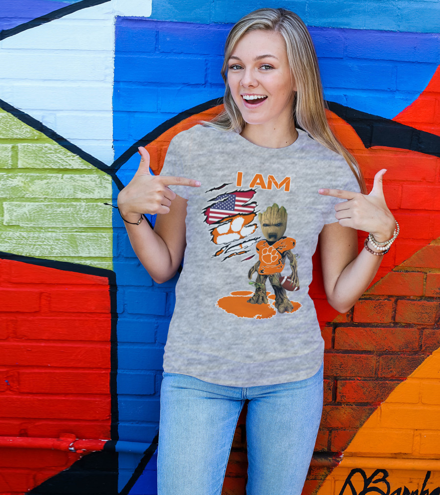 I AM Clemsons Baby Groot American Flag Football Paw Prints T-Shirt