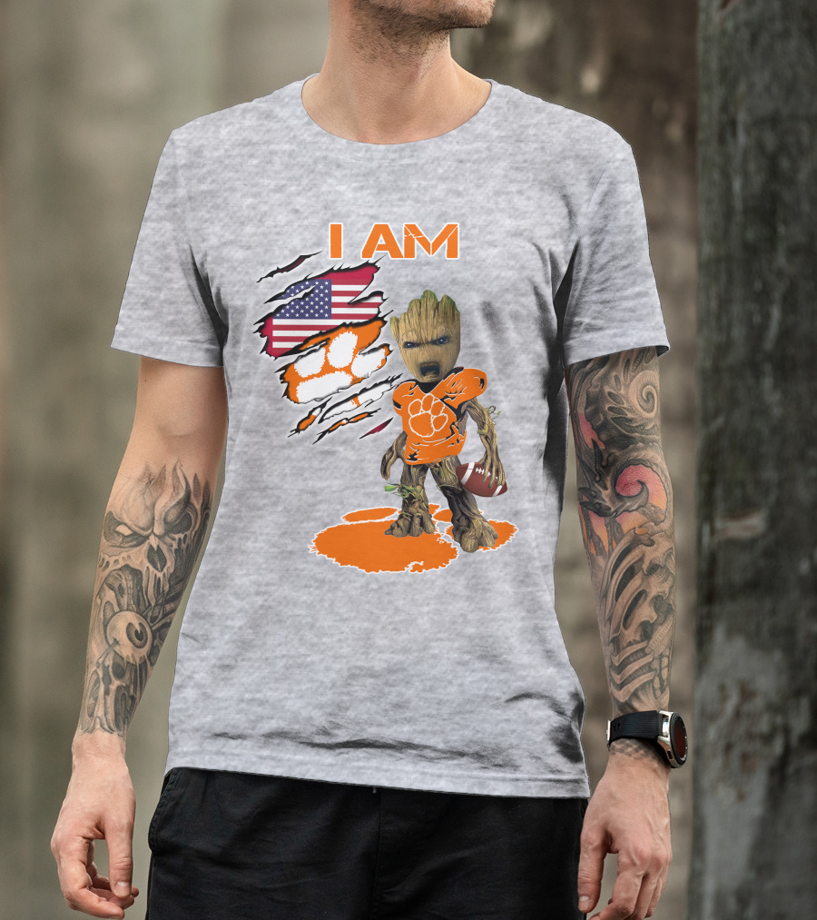 I AM Clemsons Baby Groot American Flag Football Paw Prints T-Shirt
