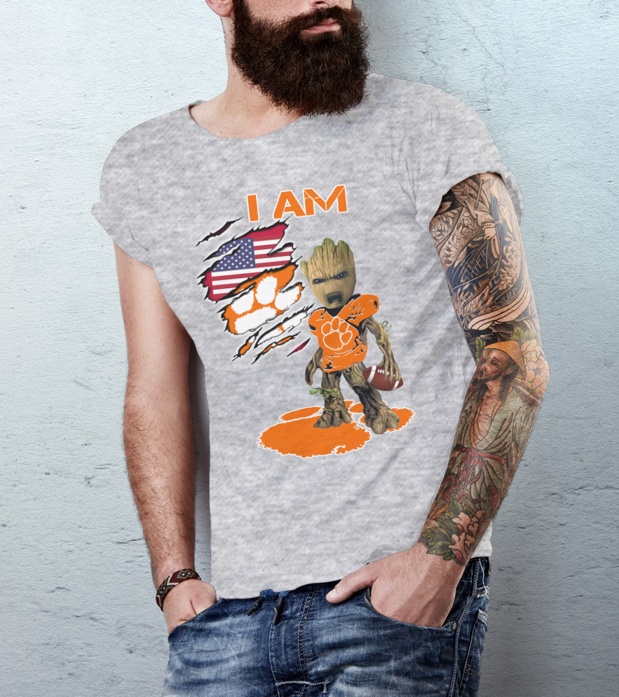 I AM Clemsons Baby Groot American Flag Football Paw Prints T-Shirt