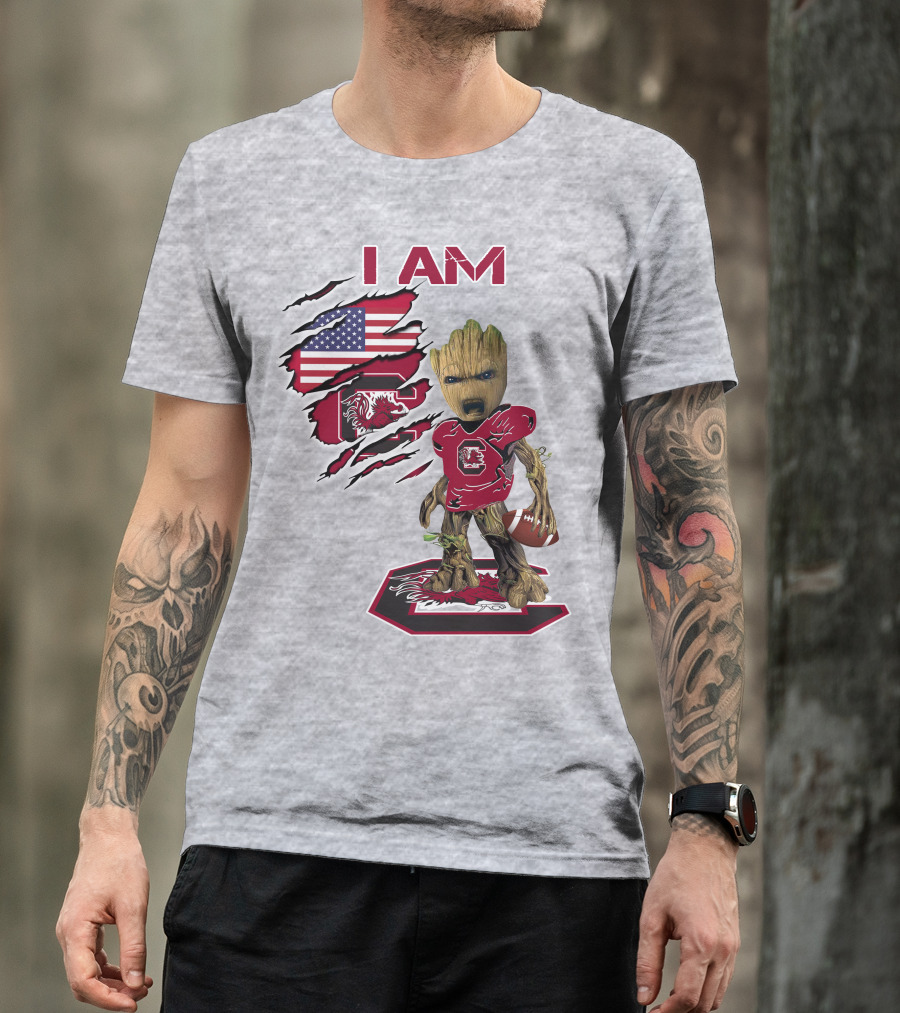 I Am Gamecocks Baby Groot Football American Flag T-Shirt